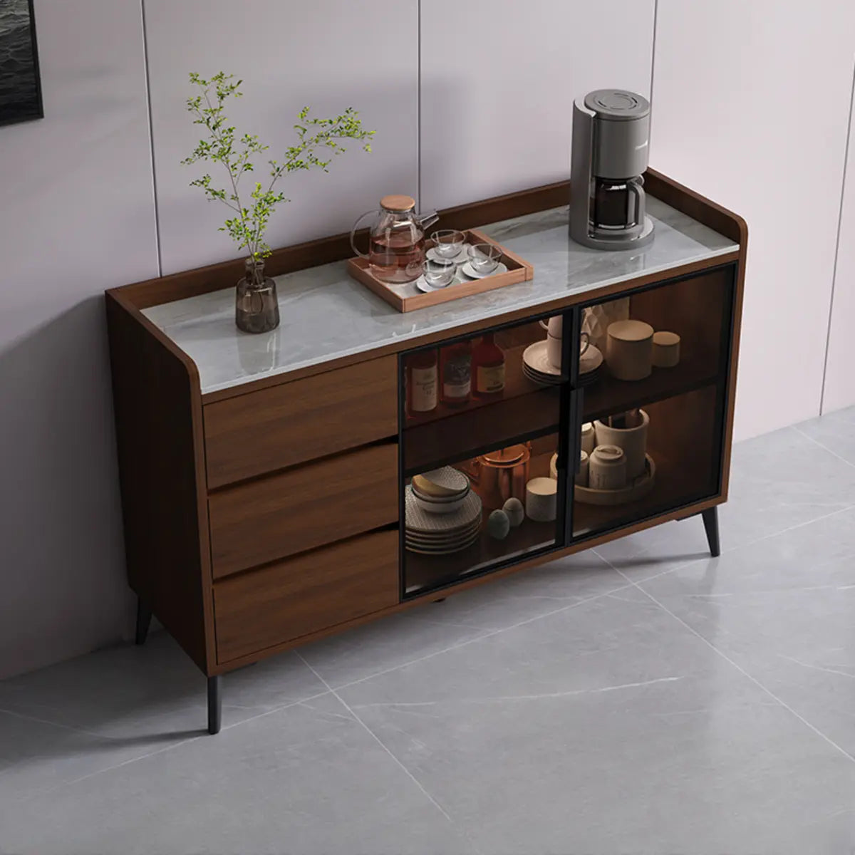 Rectangular Walnut Faux Marble Large Storage Sideboard Image - 23