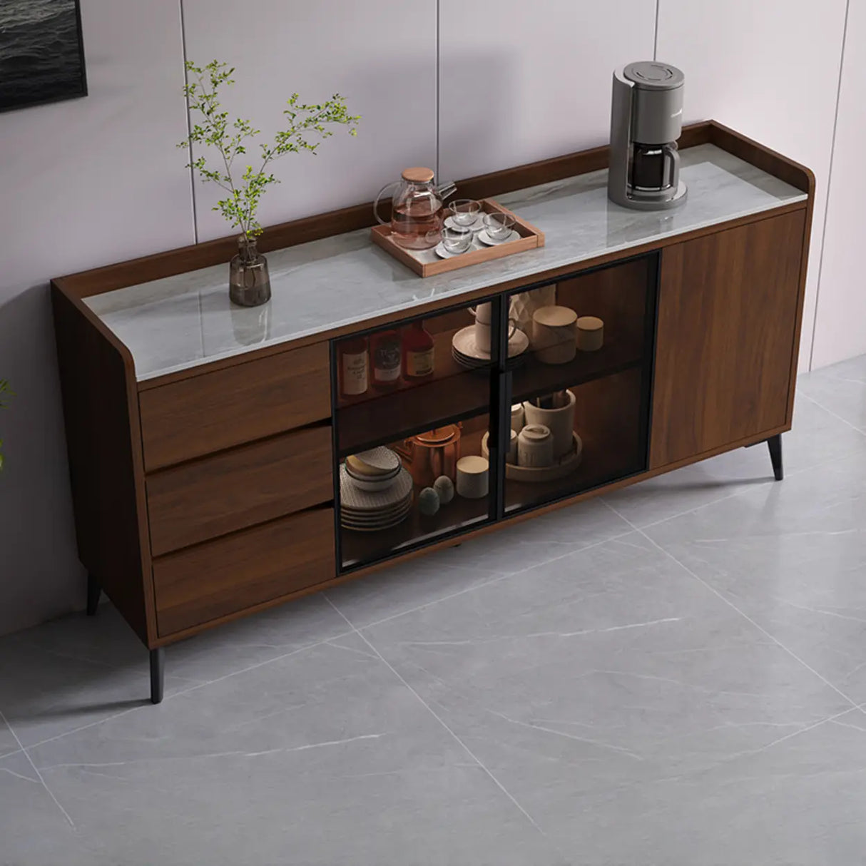 Rectangular Walnut Faux Marble Large Storage Sideboard Image - 11