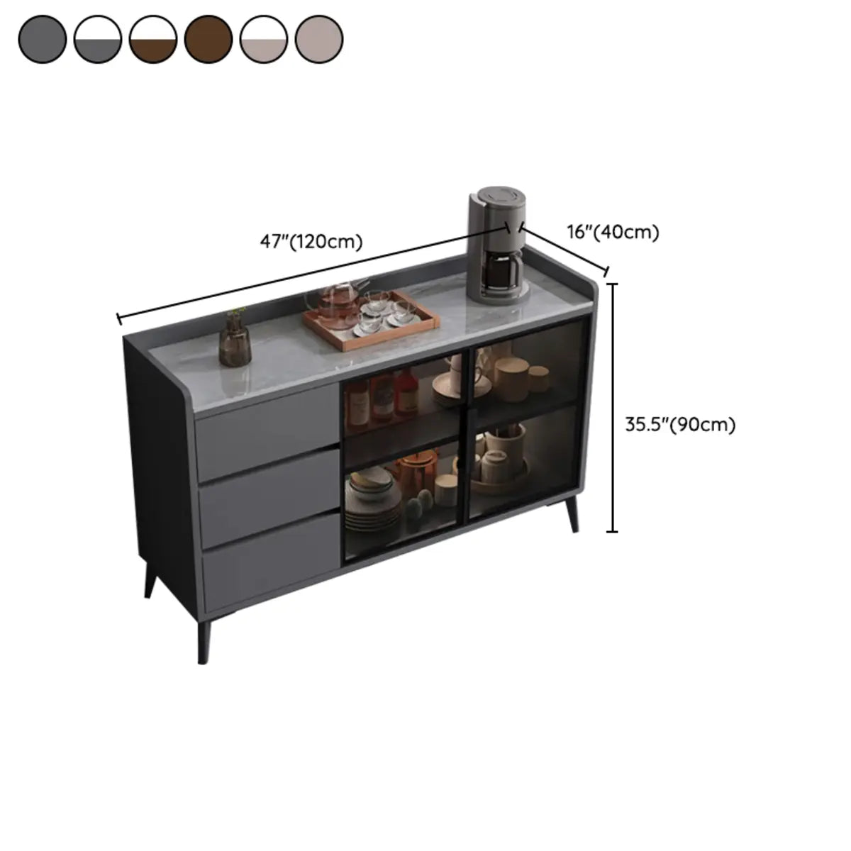 Rectangular Walnut Faux Marble Large Storage Sideboard