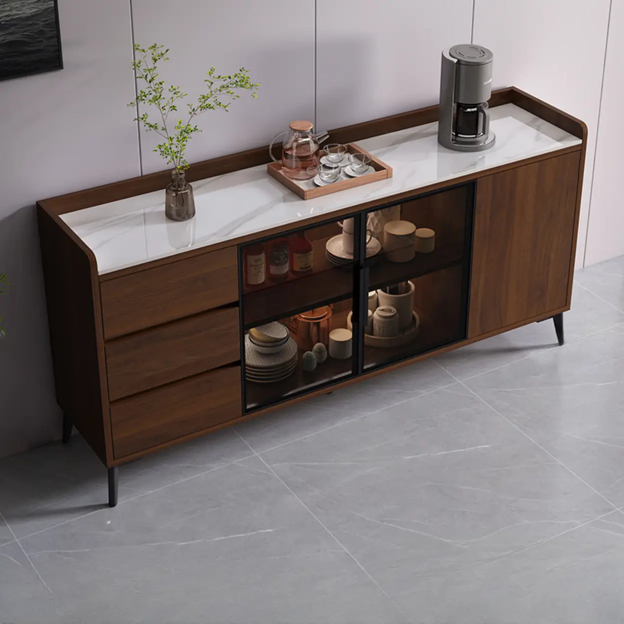 Rectangular Walnut Faux Marble Large Storage Sideboard Image - 13