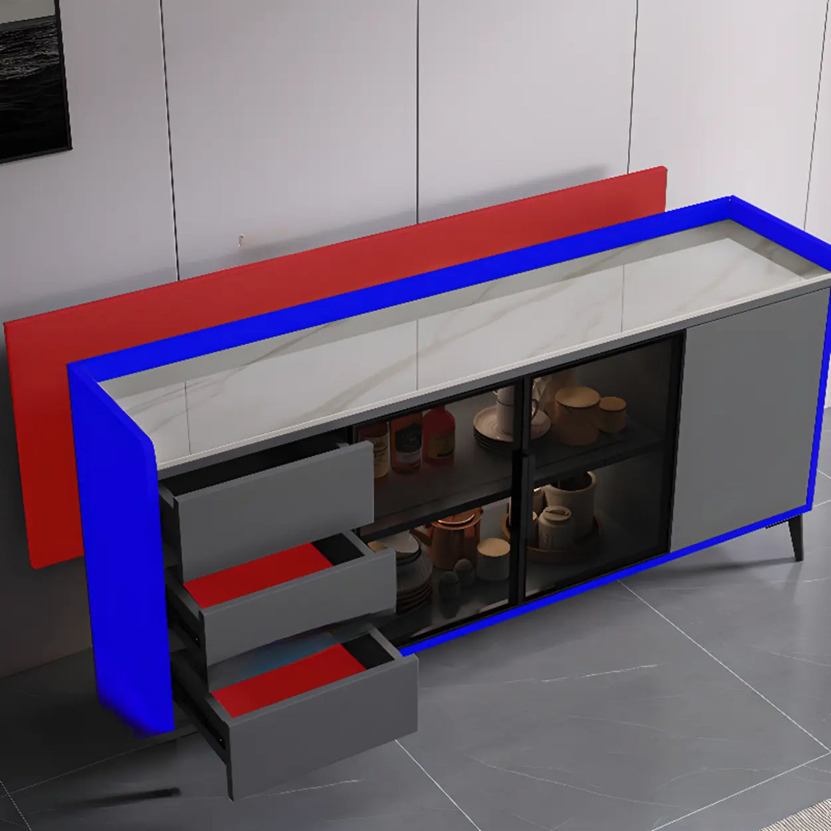 Rectangular Walnut Faux Marble Large Storage Sideboard Image - 15