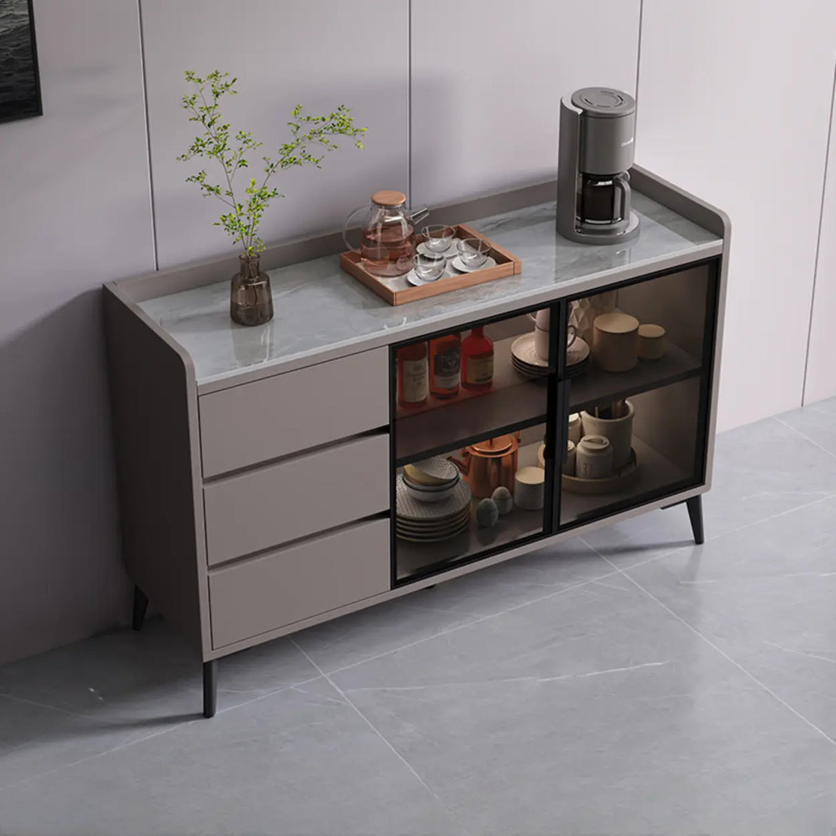 Rectangular Walnut Faux Marble Large Storage Sideboard Image - 16