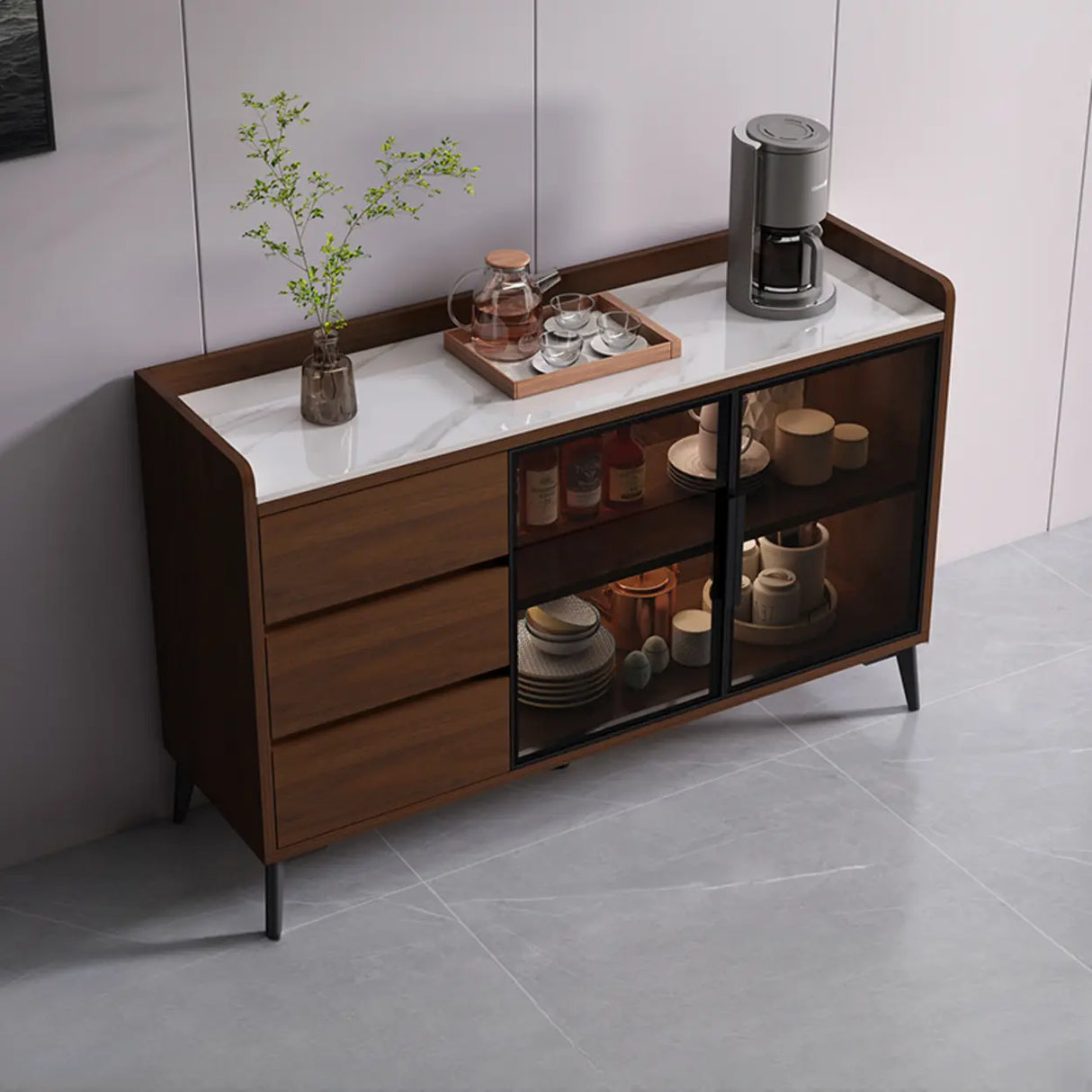 Rectangular Walnut Faux Marble Large Storage Sideboard Image - 2