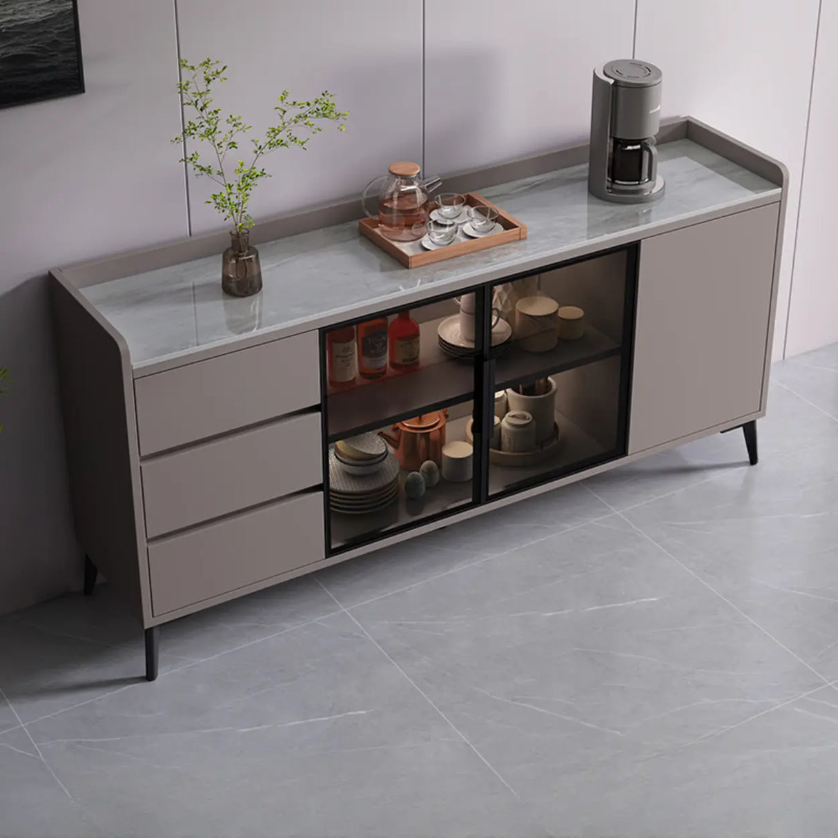 Rectangular Walnut Faux Marble Large Storage Sideboard Image - 3