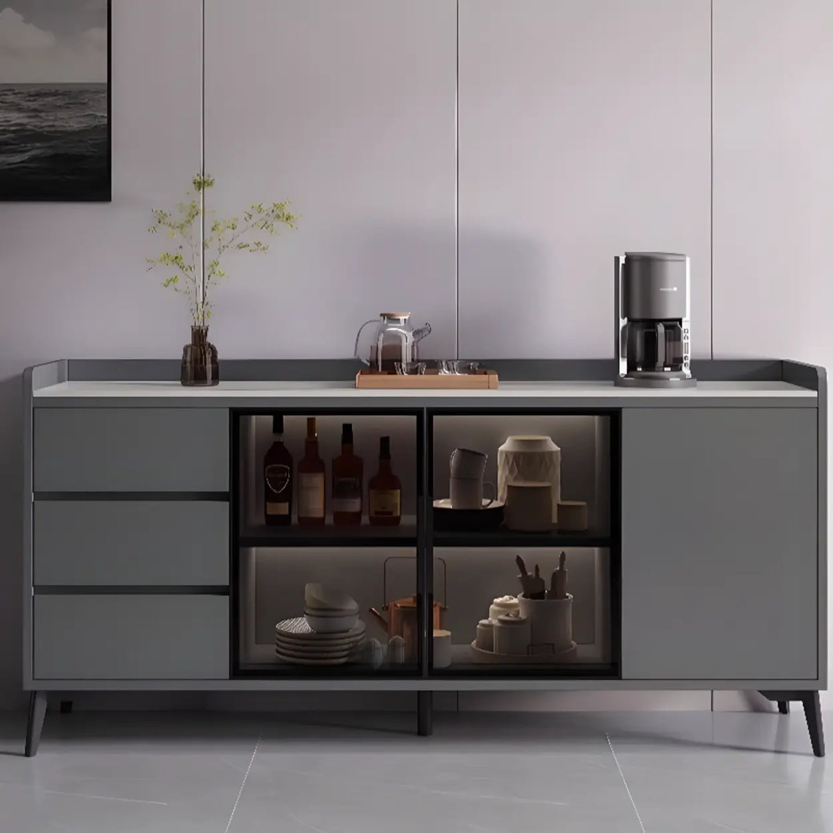 Rectangular Walnut Faux Marble Large Storage Sideboard Image - 4