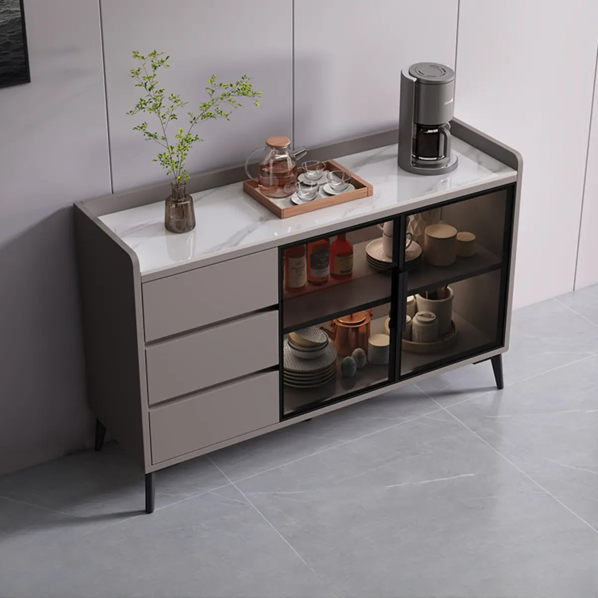 Rectangular Walnut Faux Marble Large Storage Sideboard Image - 17