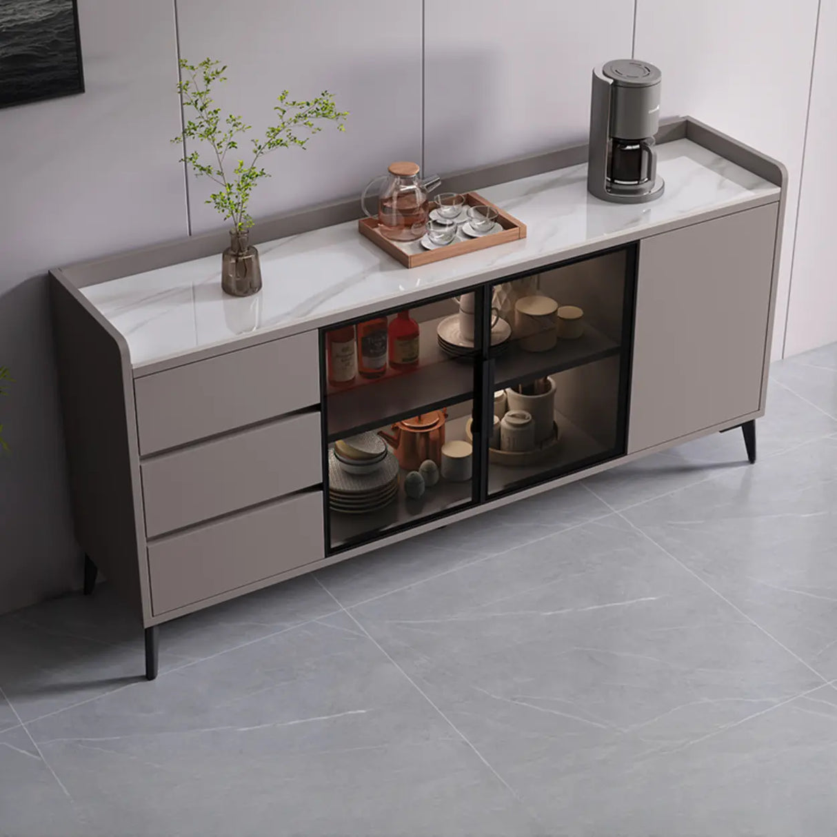 Rectangular Walnut Faux Marble Large Storage Sideboard Image - 5