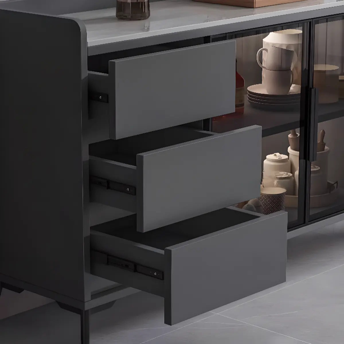 Rectangular Walnut Faux Marble Large Storage Sideboard Image - 18