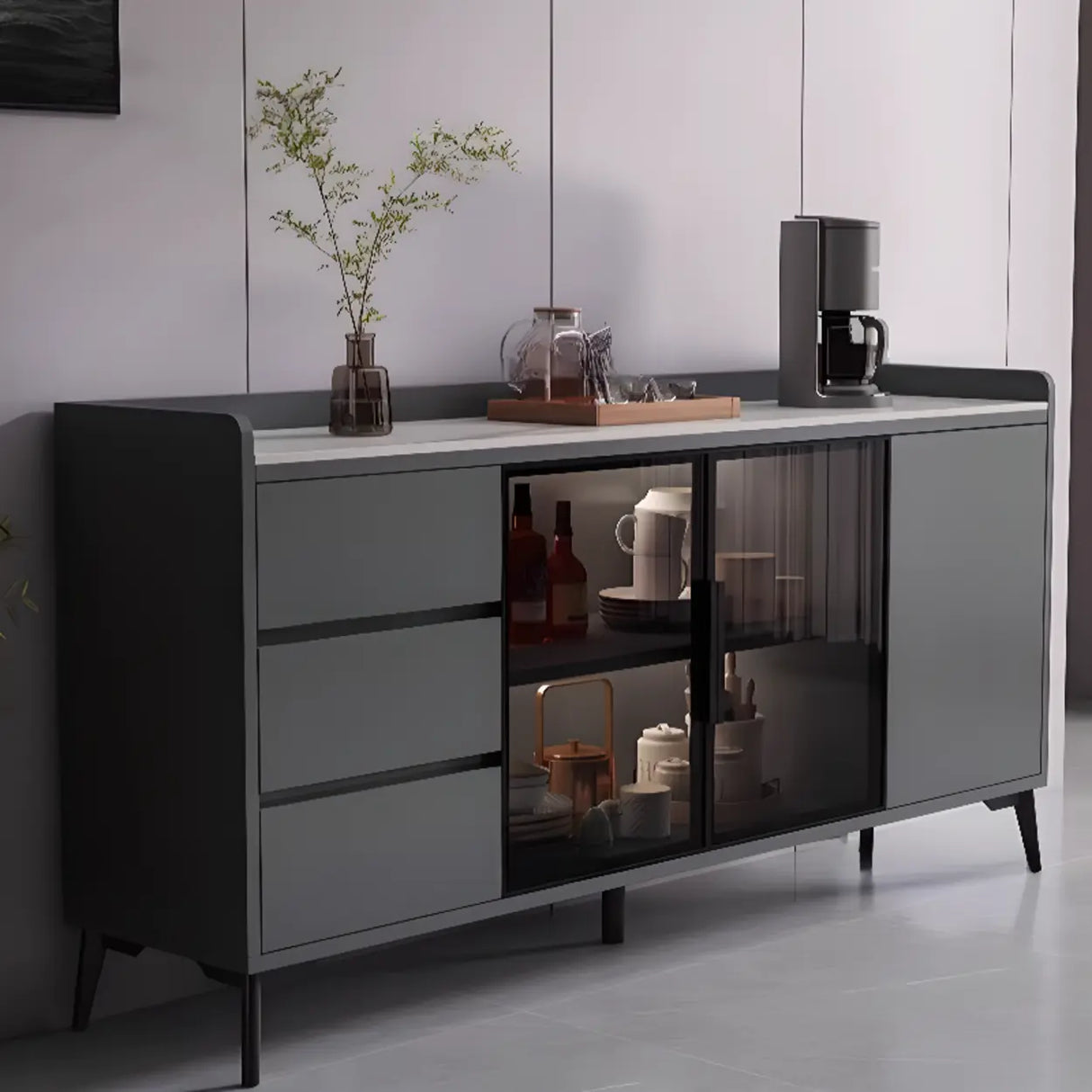 Rectangular Walnut Faux Marble Large Storage Sideboard Image - 6