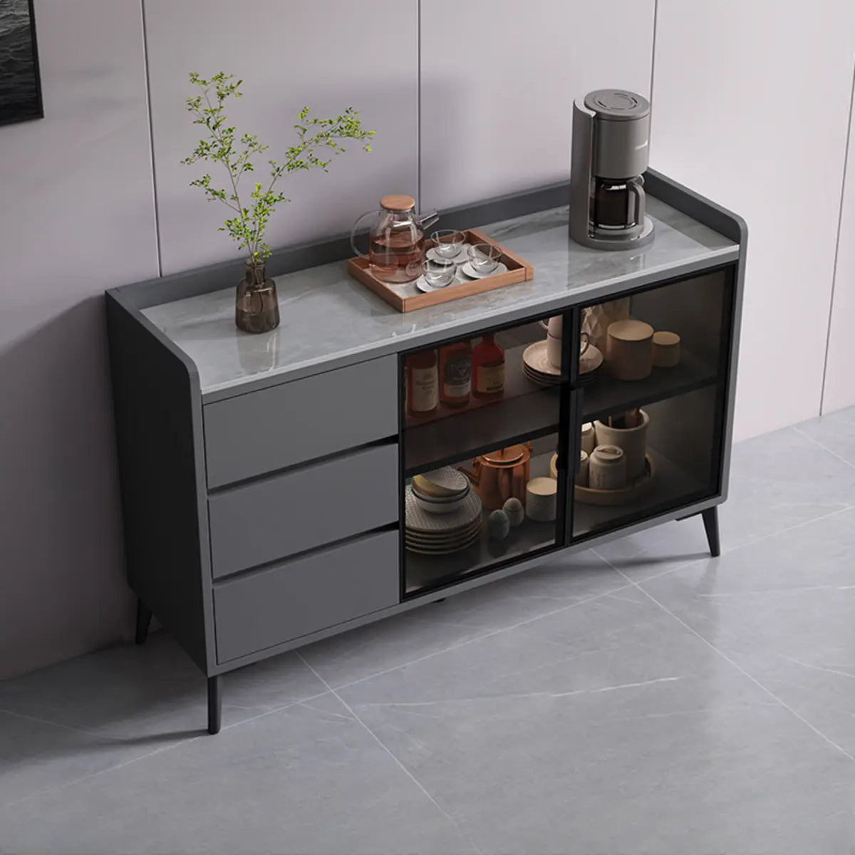 Rectangular Walnut Faux Marble Large Storage Sideboard Image - 19