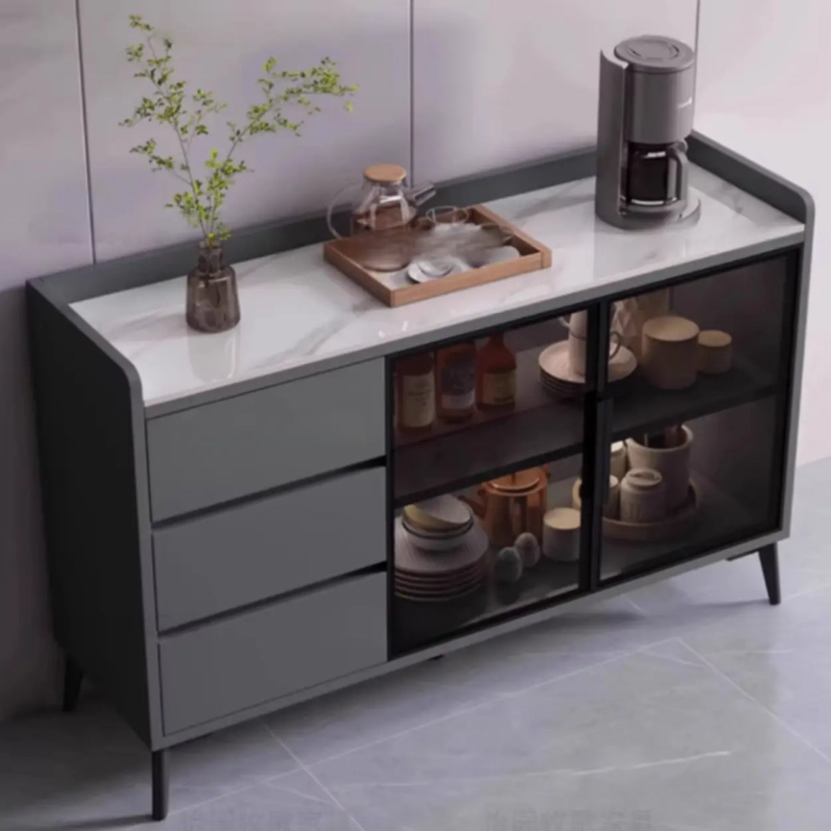 Rectangular Walnut Faux Marble Large Storage Sideboard Image - 7