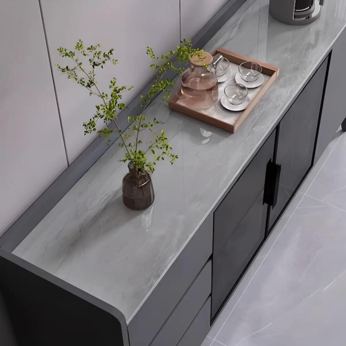 Rectangular Walnut Faux Marble Large Storage Sideboard Image - 20