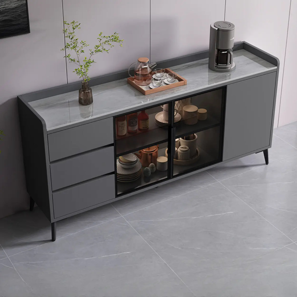 Rectangular Walnut Faux Marble Large Storage Sideboard Image - 8