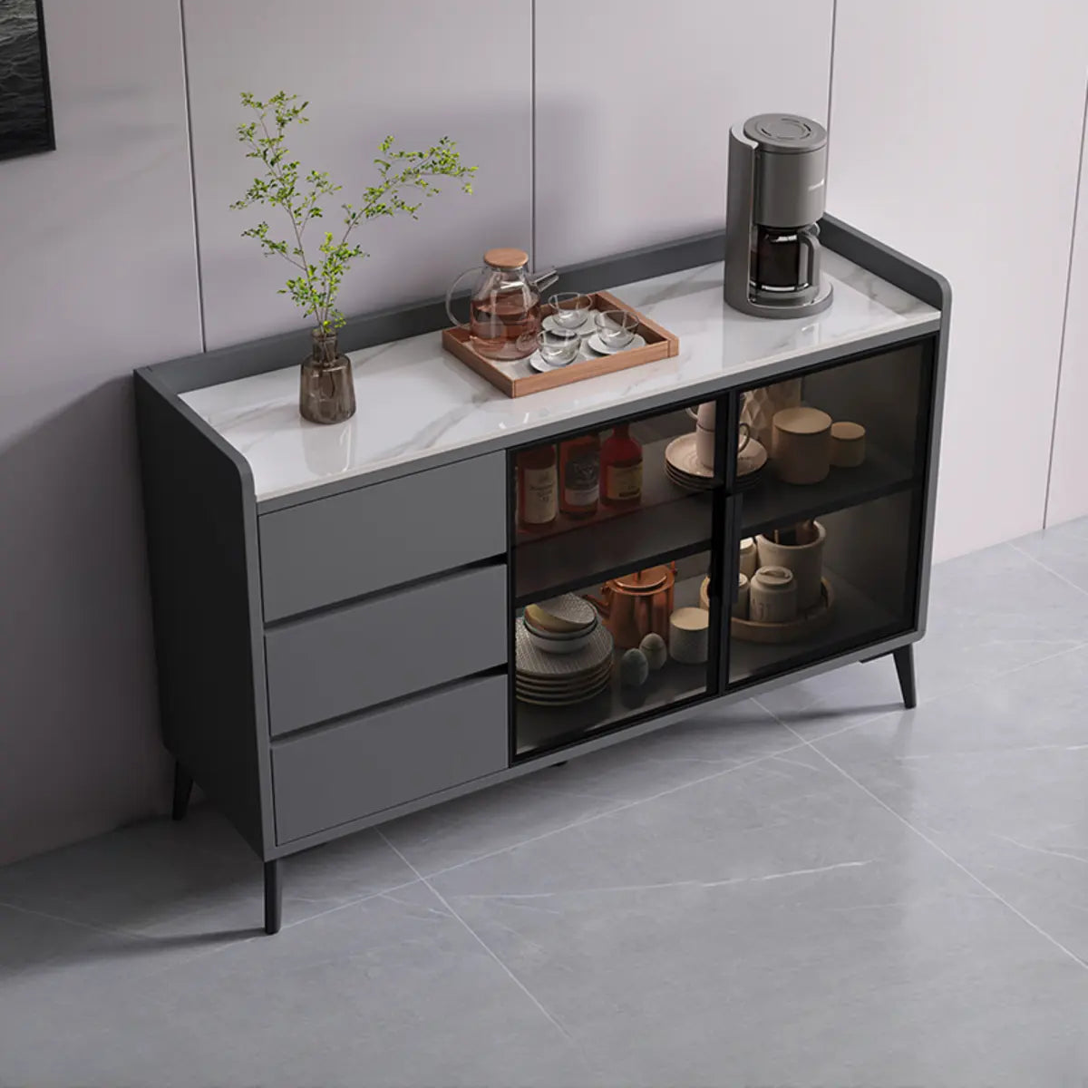 Rectangular Walnut Faux Marble Large Storage Sideboard Image - 21