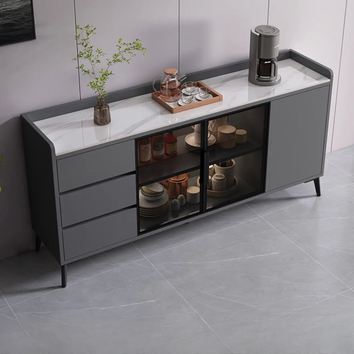 Rectangular Walnut Faux Marble Large Storage Sideboard Image - 9