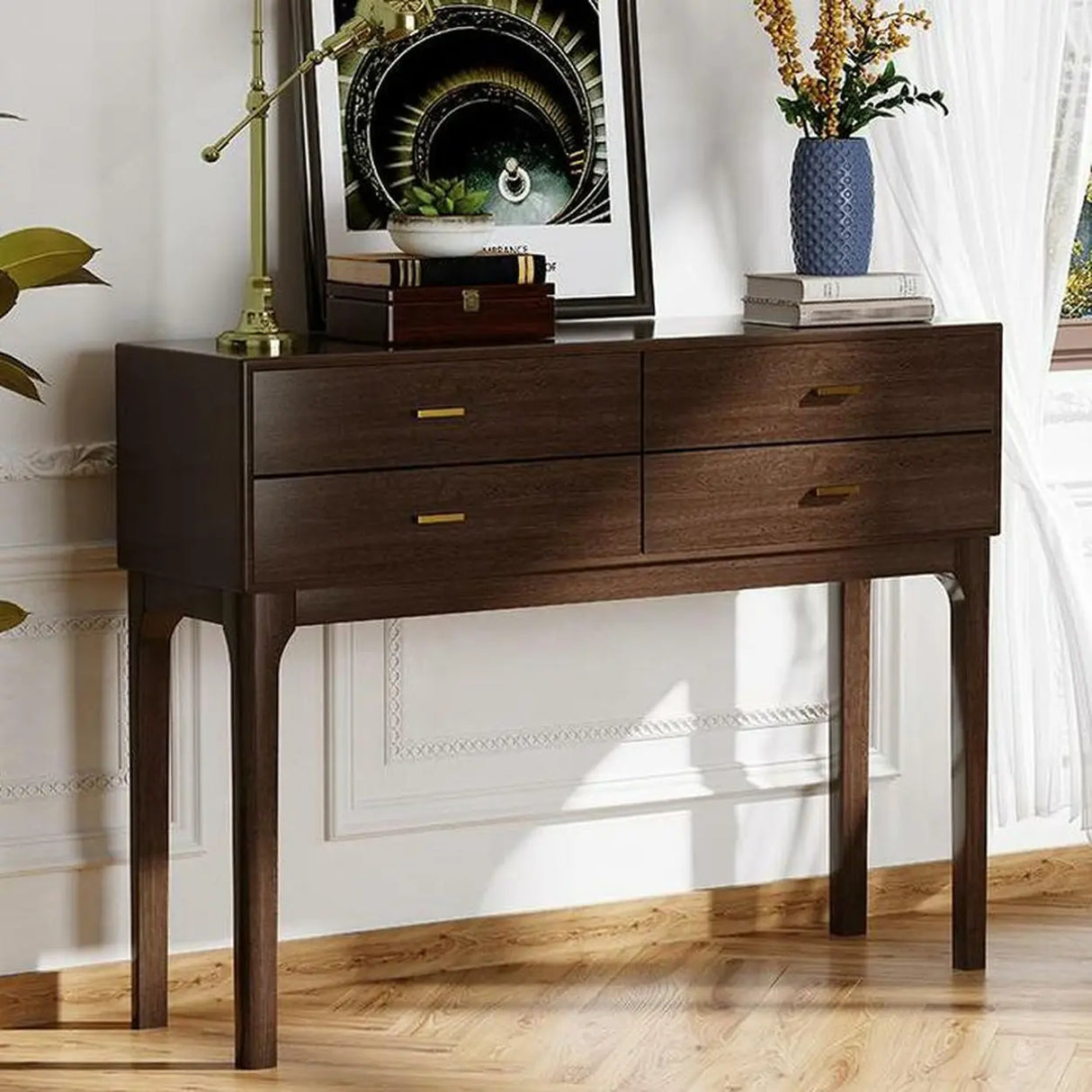 Rectangular Walnut Storage Console Table with Drawers Image - 1