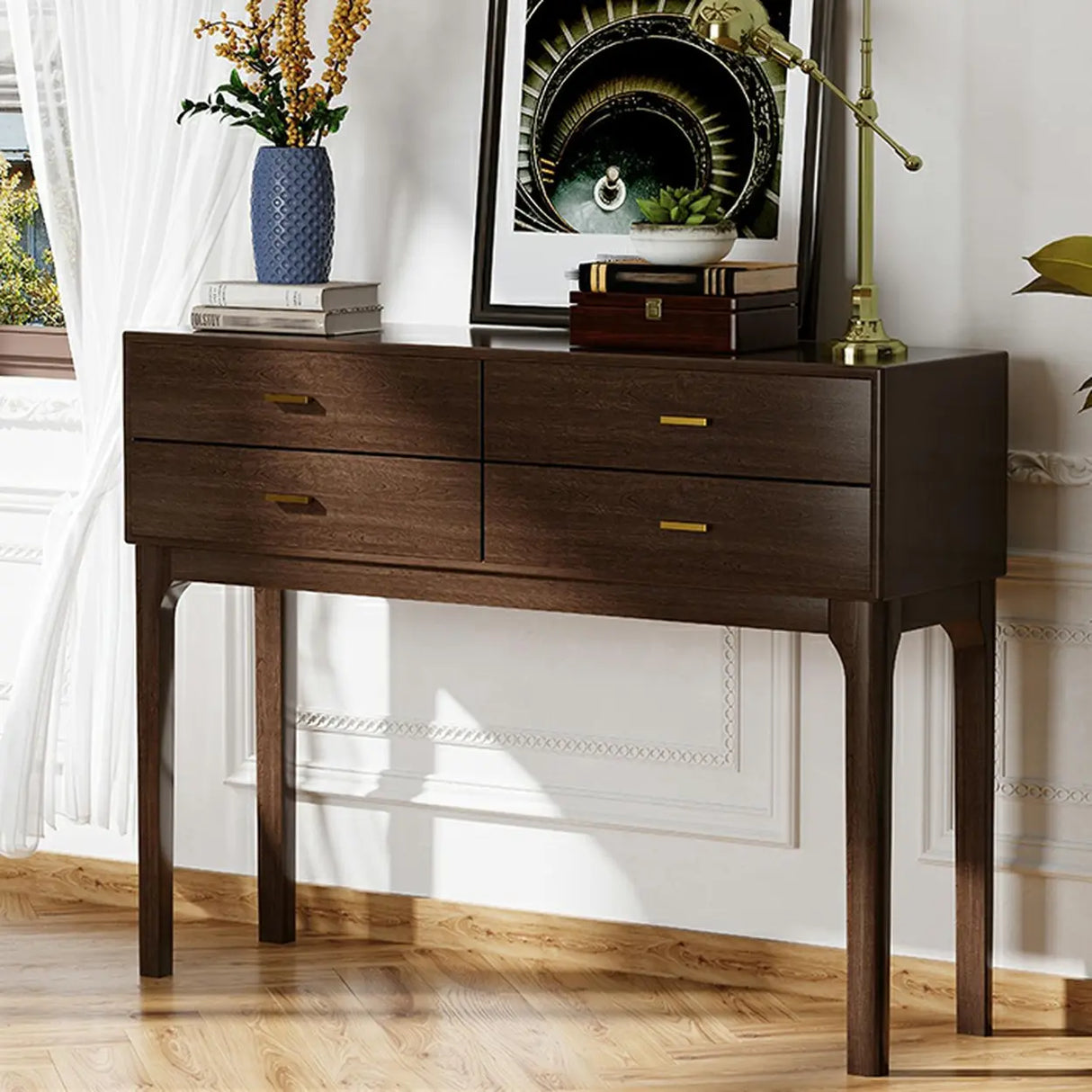 Rectangular Walnut Storage Console Table with Drawers Image - 4