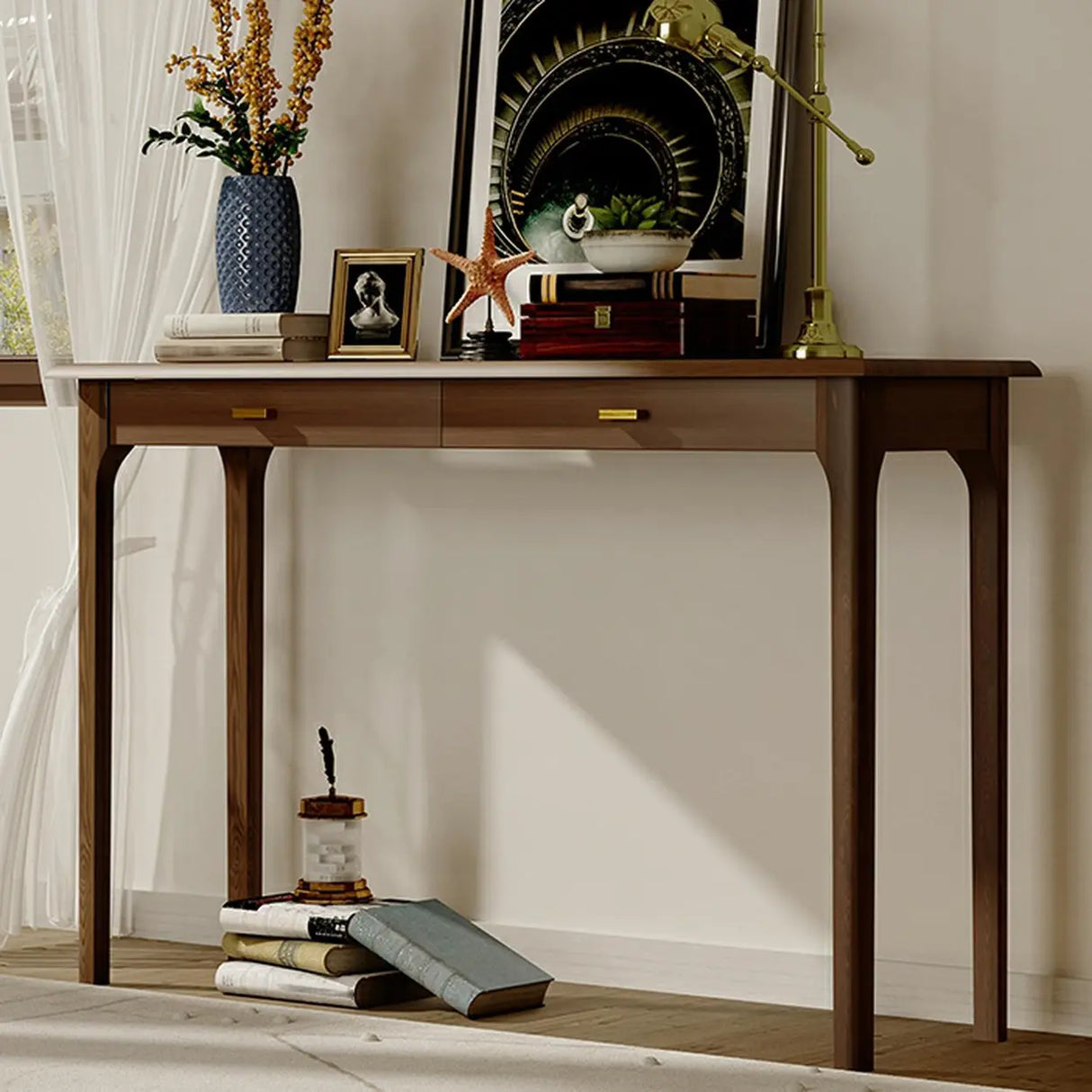 Rectangular Walnut Storage Console Table with Drawers Image - 5