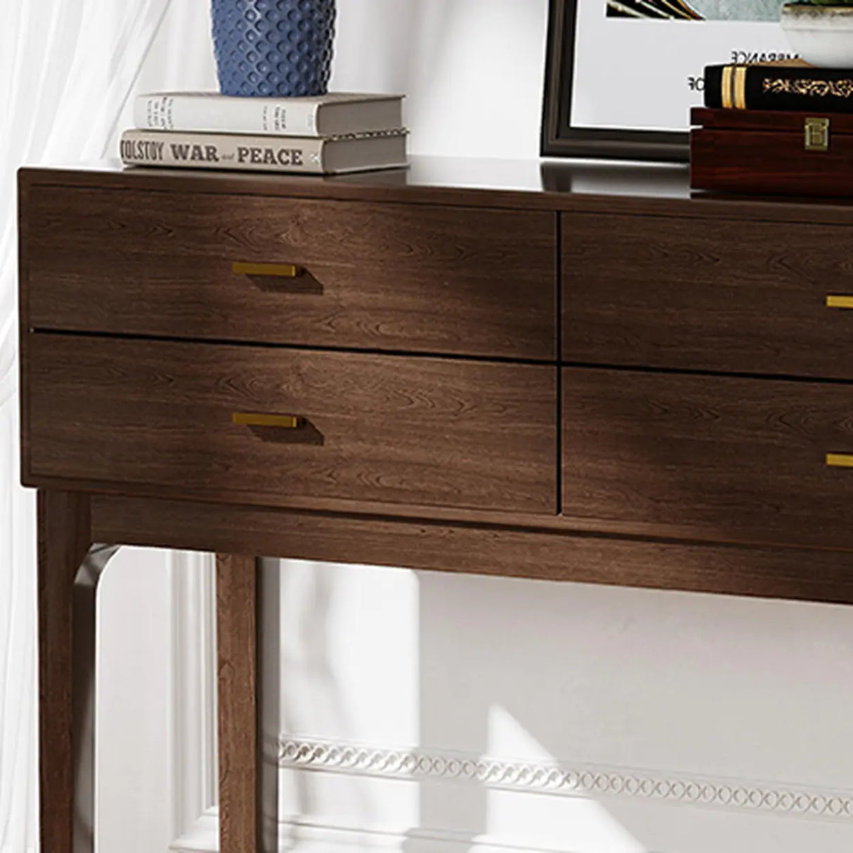 Rectangular Walnut Storage Console Table with Drawers Image - 9