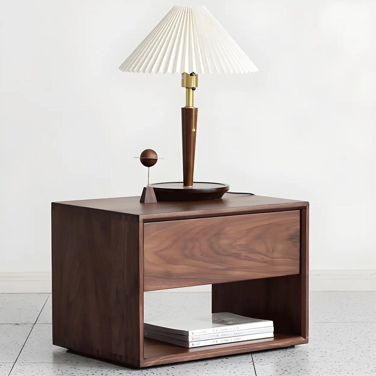 Rectangular Walnut Wood Open Storage Nightstand Image - 1