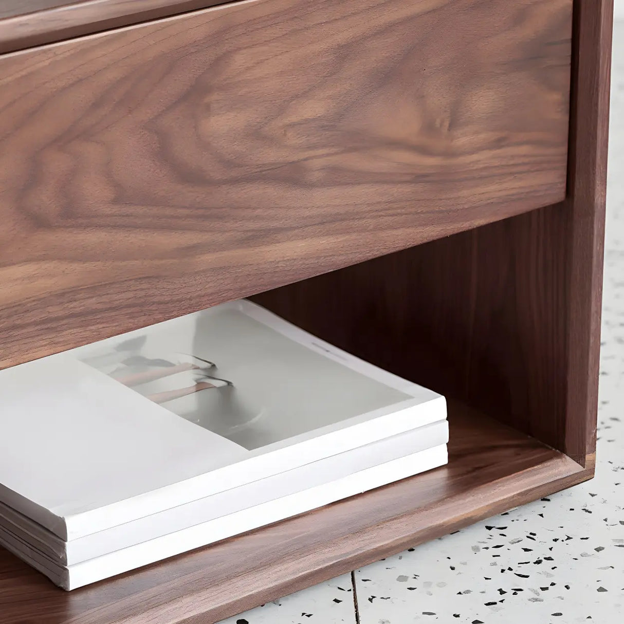 Rectangular Walnut Wood Open Storage Nightstand Image - 11