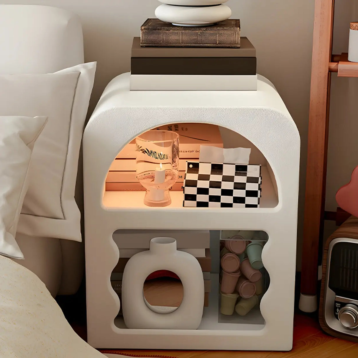 Rectangular White Wood Modern Open Shelf Nightstand Image - 14