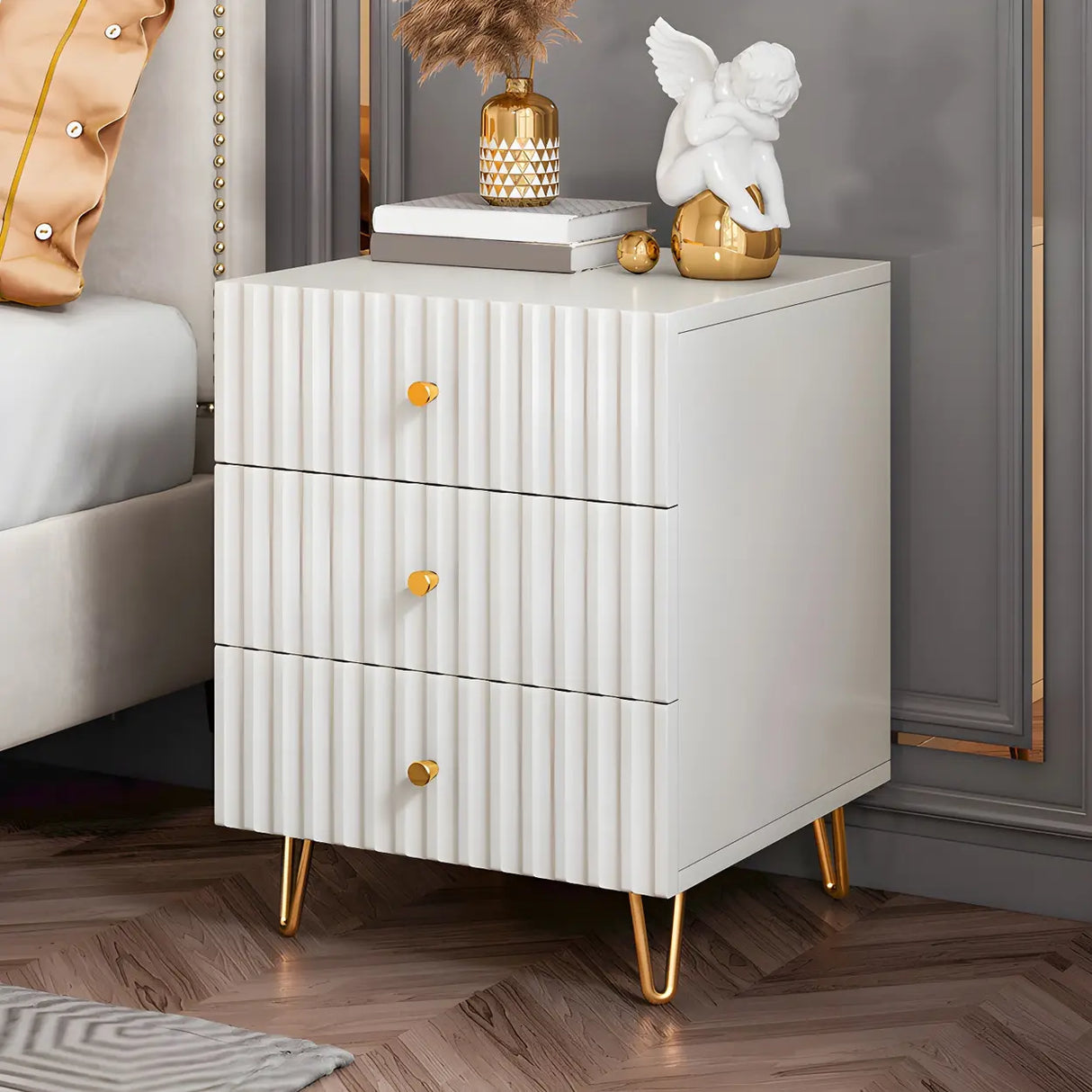 Rectangular White Wood Stylish Drawers Storage Nightstand Image - 1
