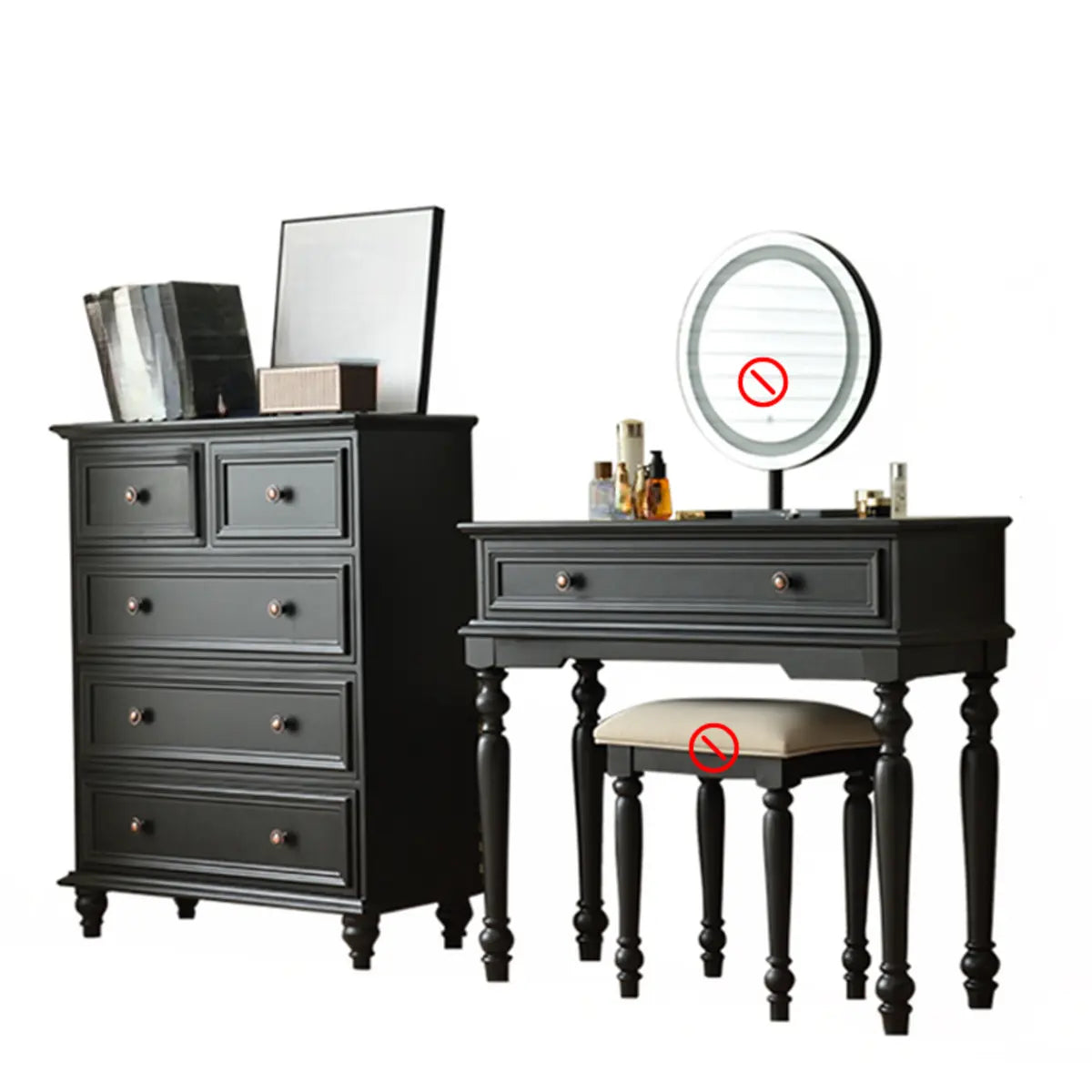Rectangular Wood Bedroom Black Makeup Vanity Set with Mirror Image - 7