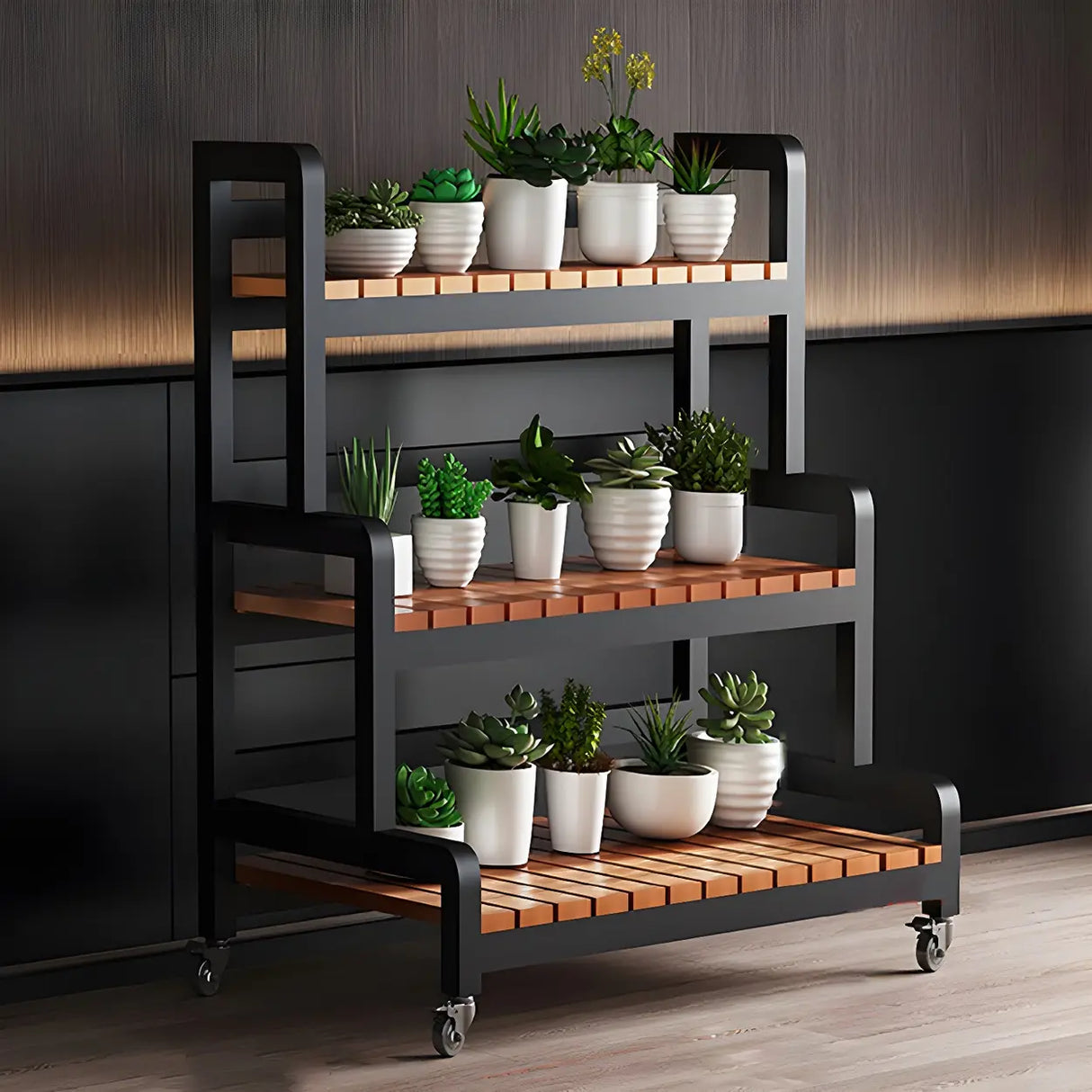 Rectangular Wood Black 3-Tiers Plant Stand with Wheels Image - 11