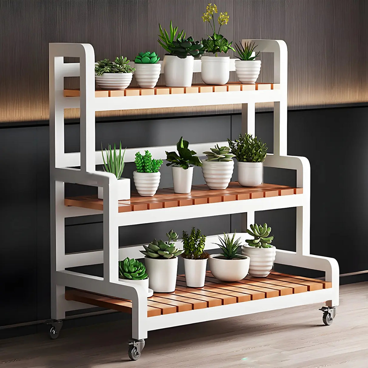 Rectangular Wood Black 3-Tiers Plant Stand with Wheels Image - 12