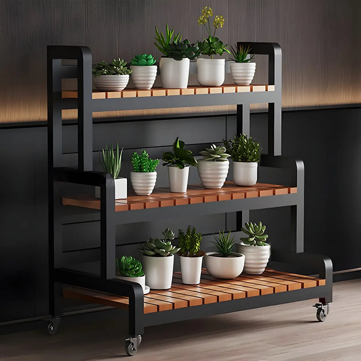 Rectangular Wood Black 3-Tiers Plant Stand with Wheels Image - 13