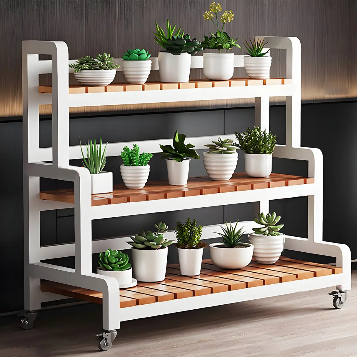 Rectangular Wood Black 3-Tiers Plant Stand with Wheels Image - 14