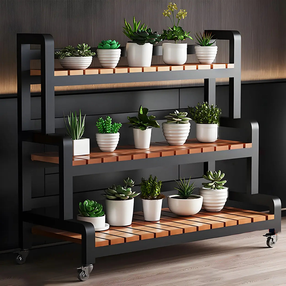Rectangular Wood Black 3-Tiers Plant Stand with Wheels Image - 15