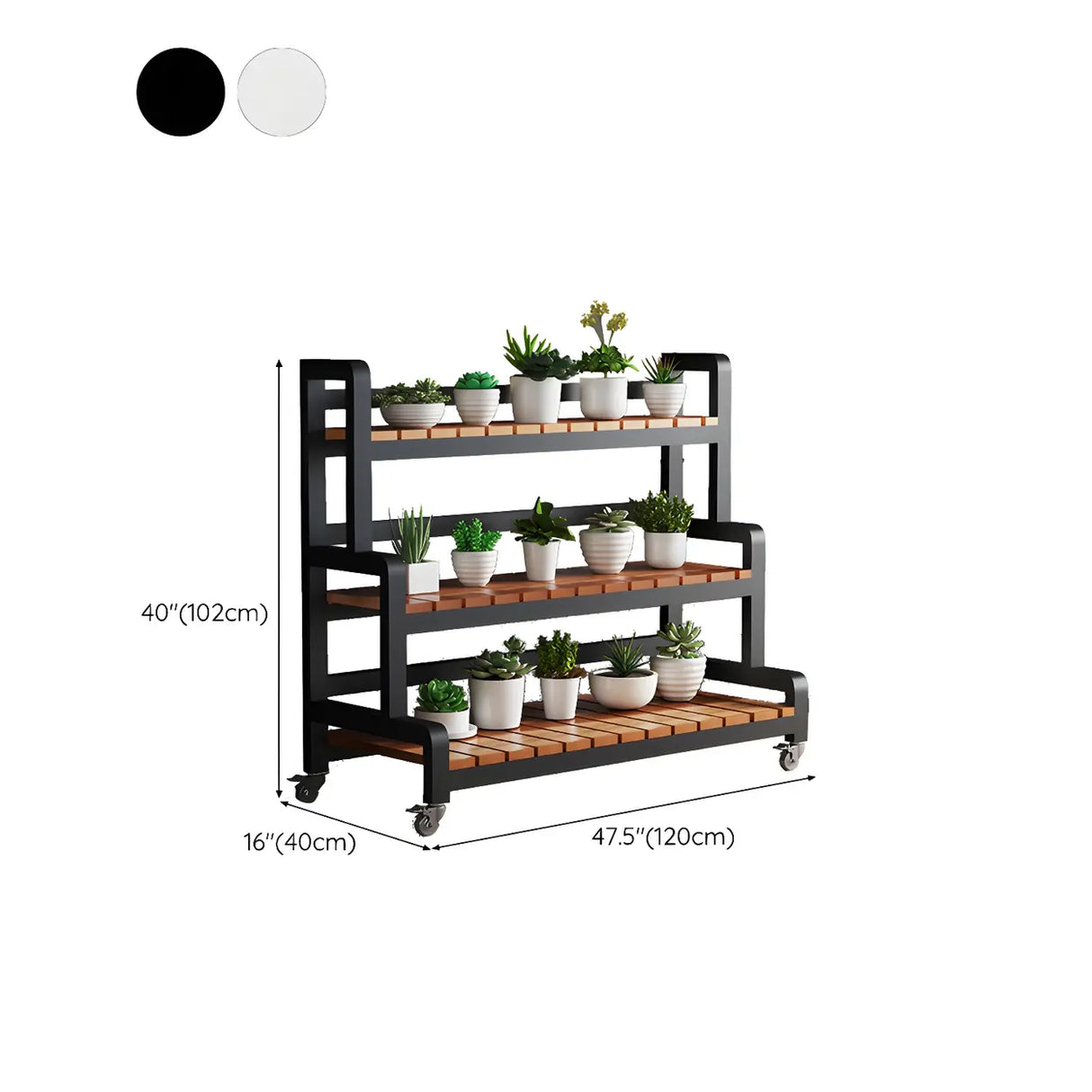 Rectangular Wood Black 3-Tiers Plant Stand with Wheels Image - 20