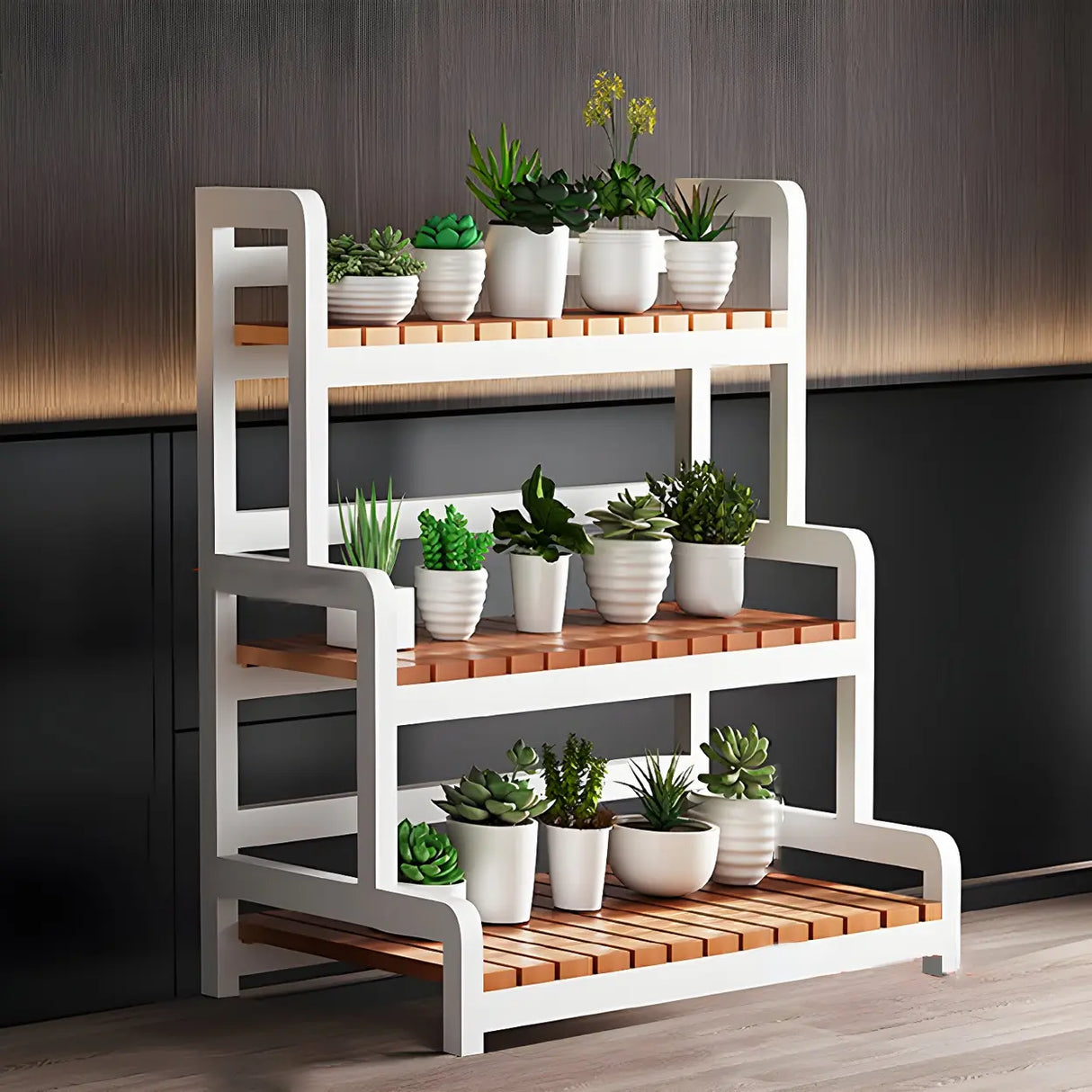 Rectangular Wood Black 3-Tiers Plant Stand with Wheels Image - 3