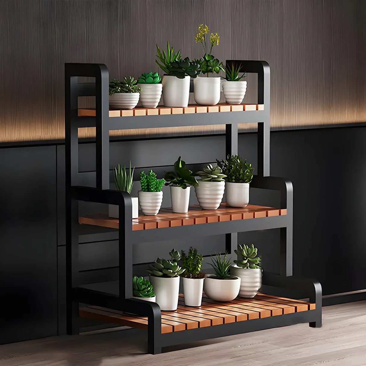 Rectangular Wood Black 3-Tiers Plant Stand with Wheels Image - 4