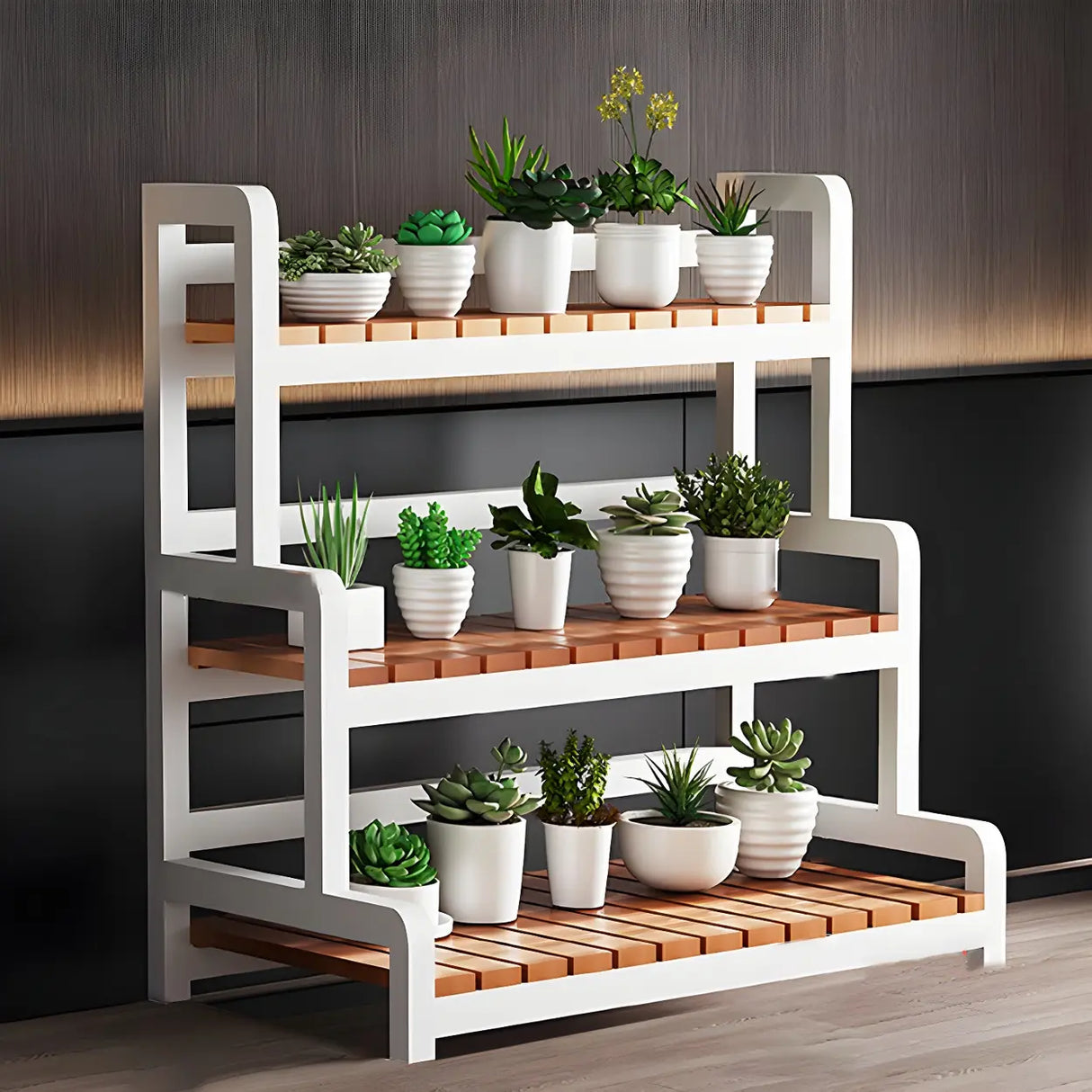 Rectangular Wood Black 3-Tiers Plant Stand with Wheels Image - 5