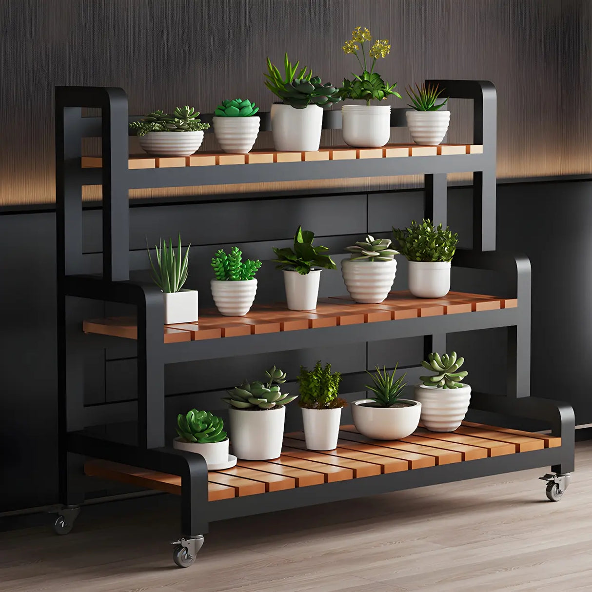 Rectangular Wood Black 3-Tiers Plant Stand with Wheels Image - 6