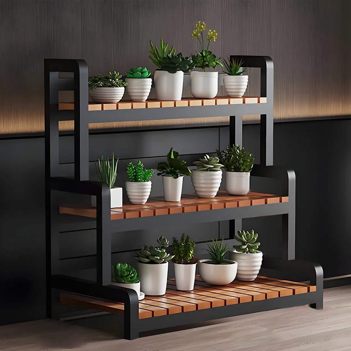 Rectangular Wood Black 3-Tiers Plant Stand with Wheels Image - 7