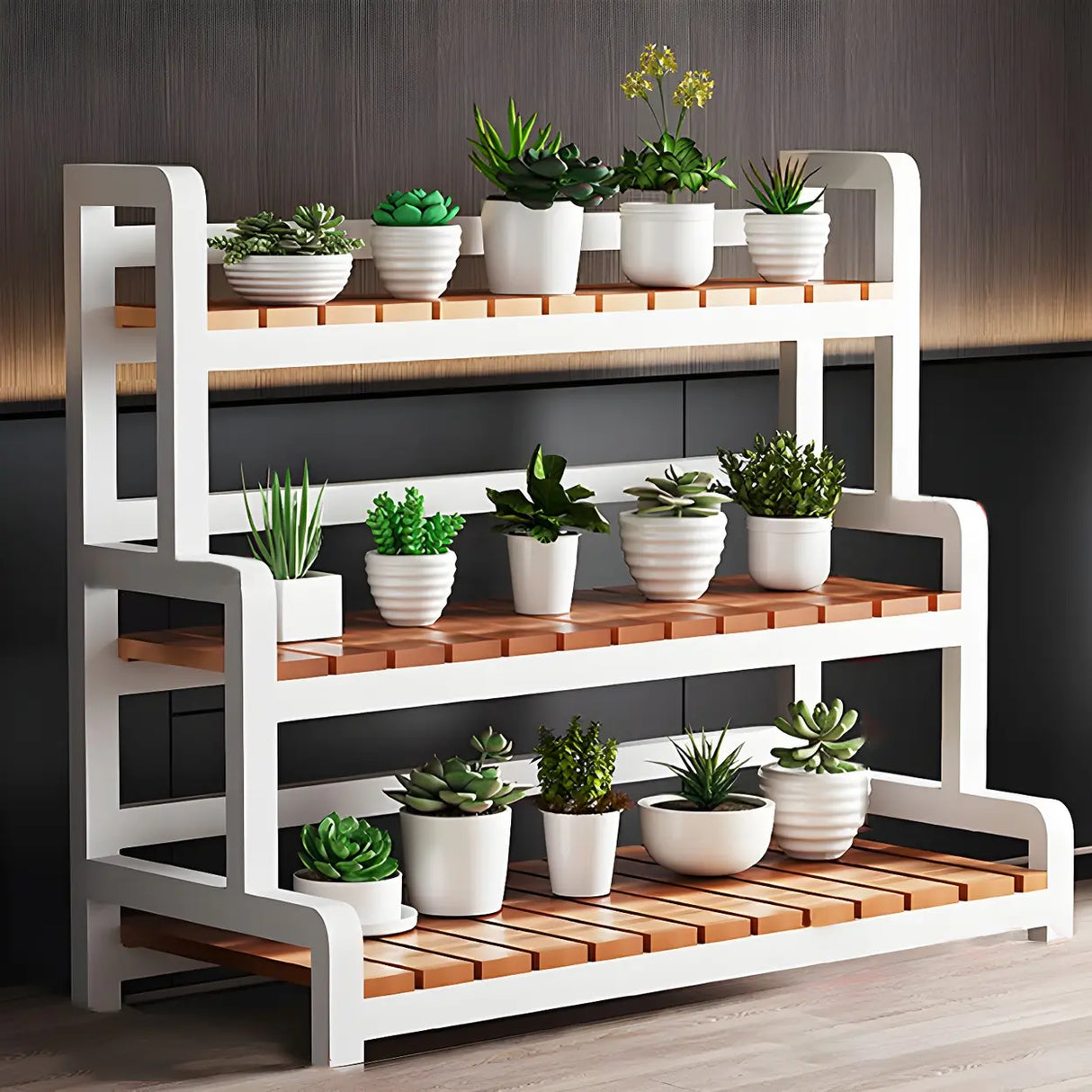 Rectangular Wood Black 3-Tiers Plant Stand with Wheels Image - 8