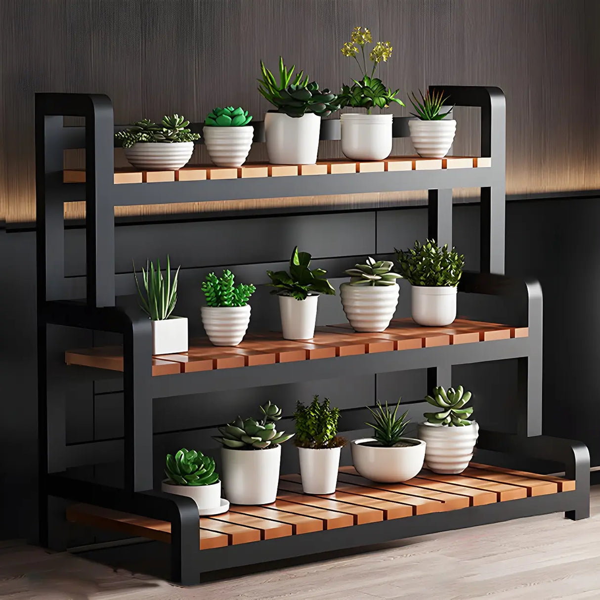 Rectangular Wood Black 3-Tiers Plant Stand with Wheels Image - 9