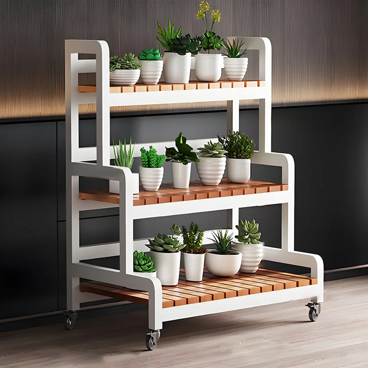 Rectangular Wood Black 3-Tiers Plant Stand with Wheels Image - 10