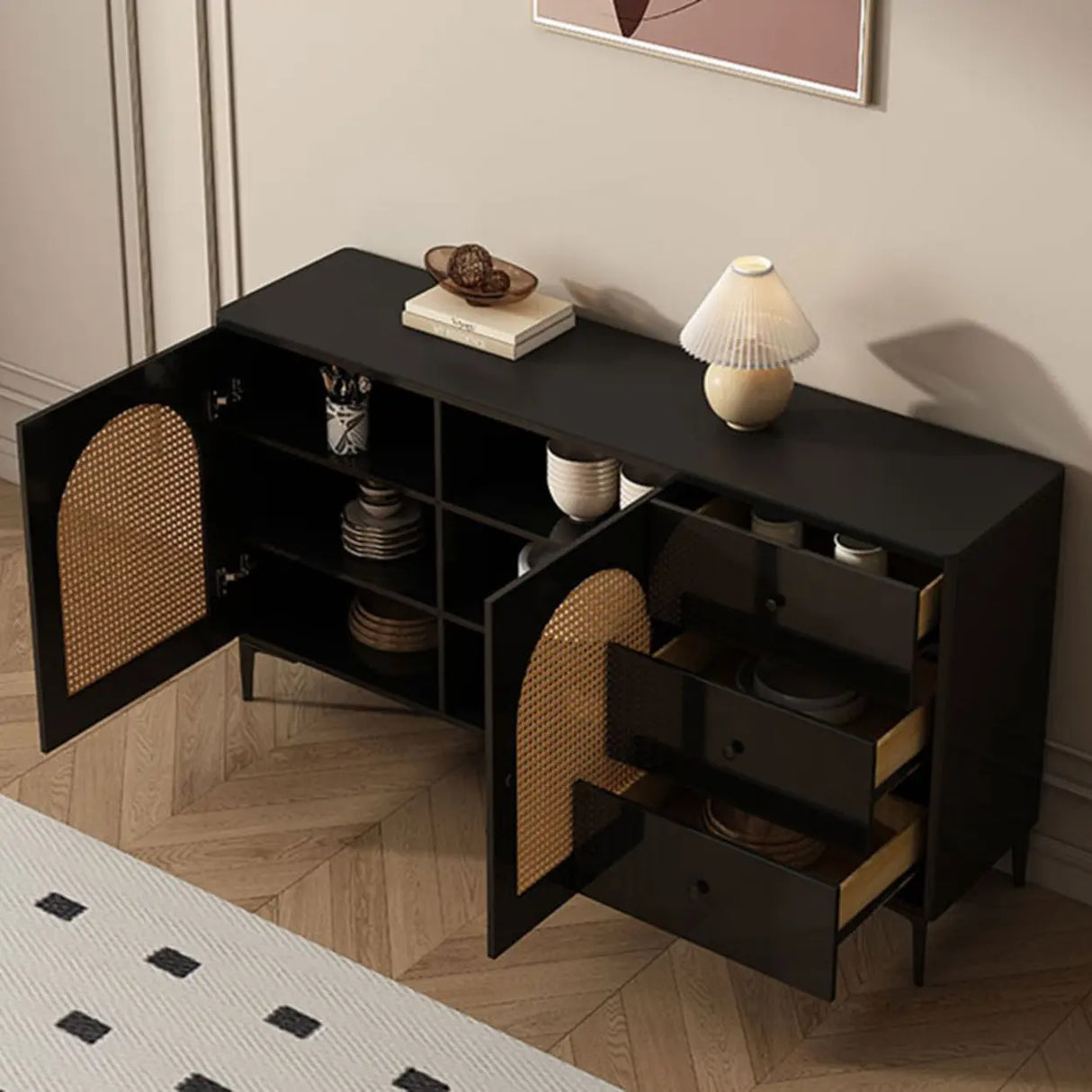 Rectangular Wood Black Medium Storage Floor Sideboard Image - 5