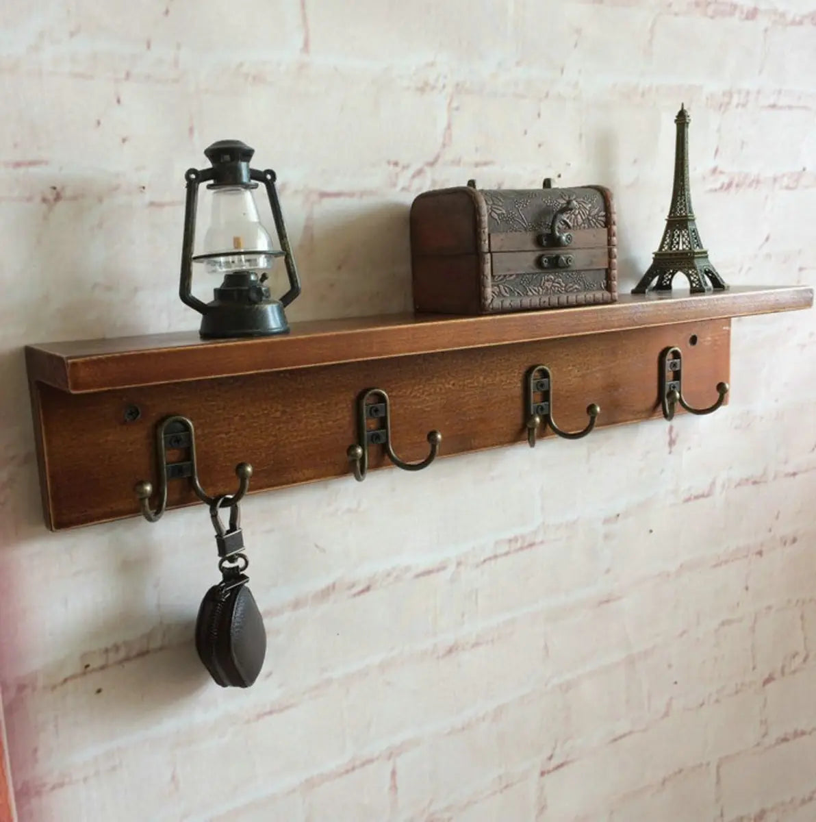 Rectangular Wood Brown Floating Mount Hooks Coat Rack Image - 1