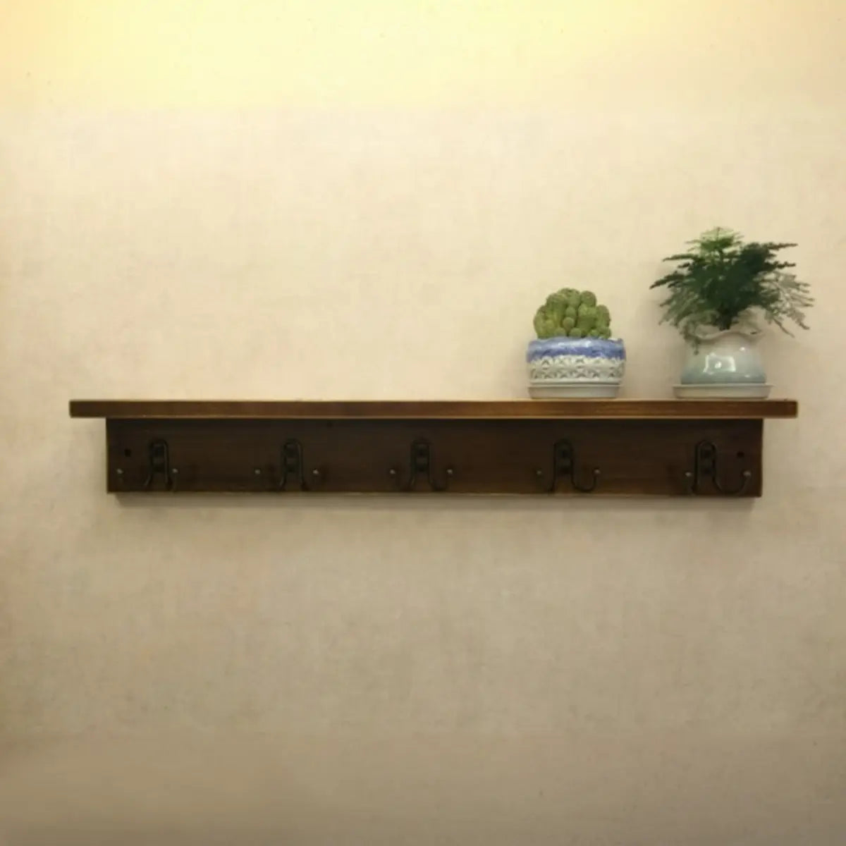 Rectangular Wood Brown Floating Mount Hooks Coat Rack Image - 10