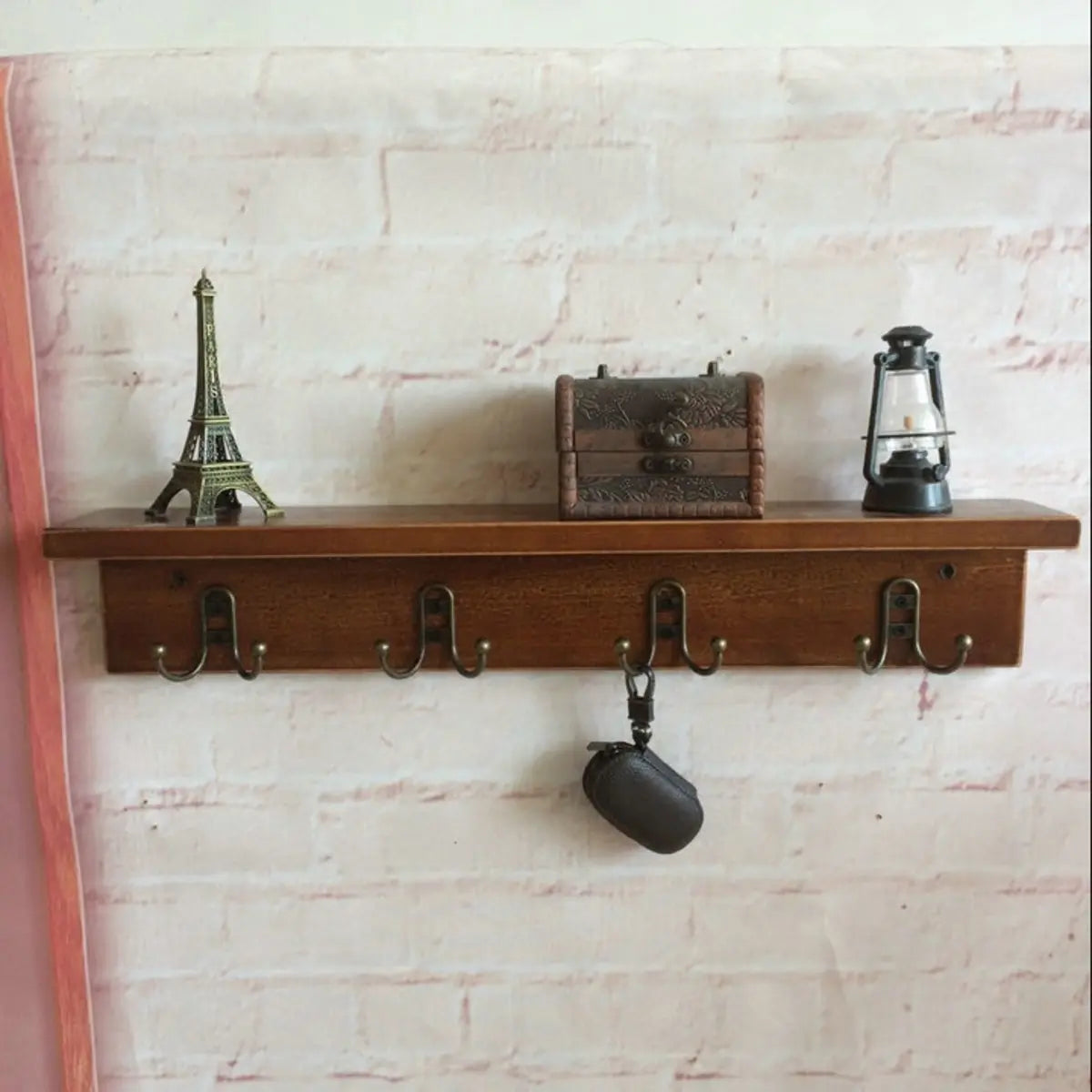 Rectangular Wood Brown Floating Mount Hooks Coat Rack Image - 2