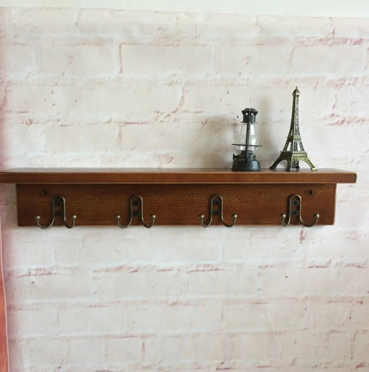 Rectangular Wood Brown Floating Mount Hooks Coat Rack Image - 3