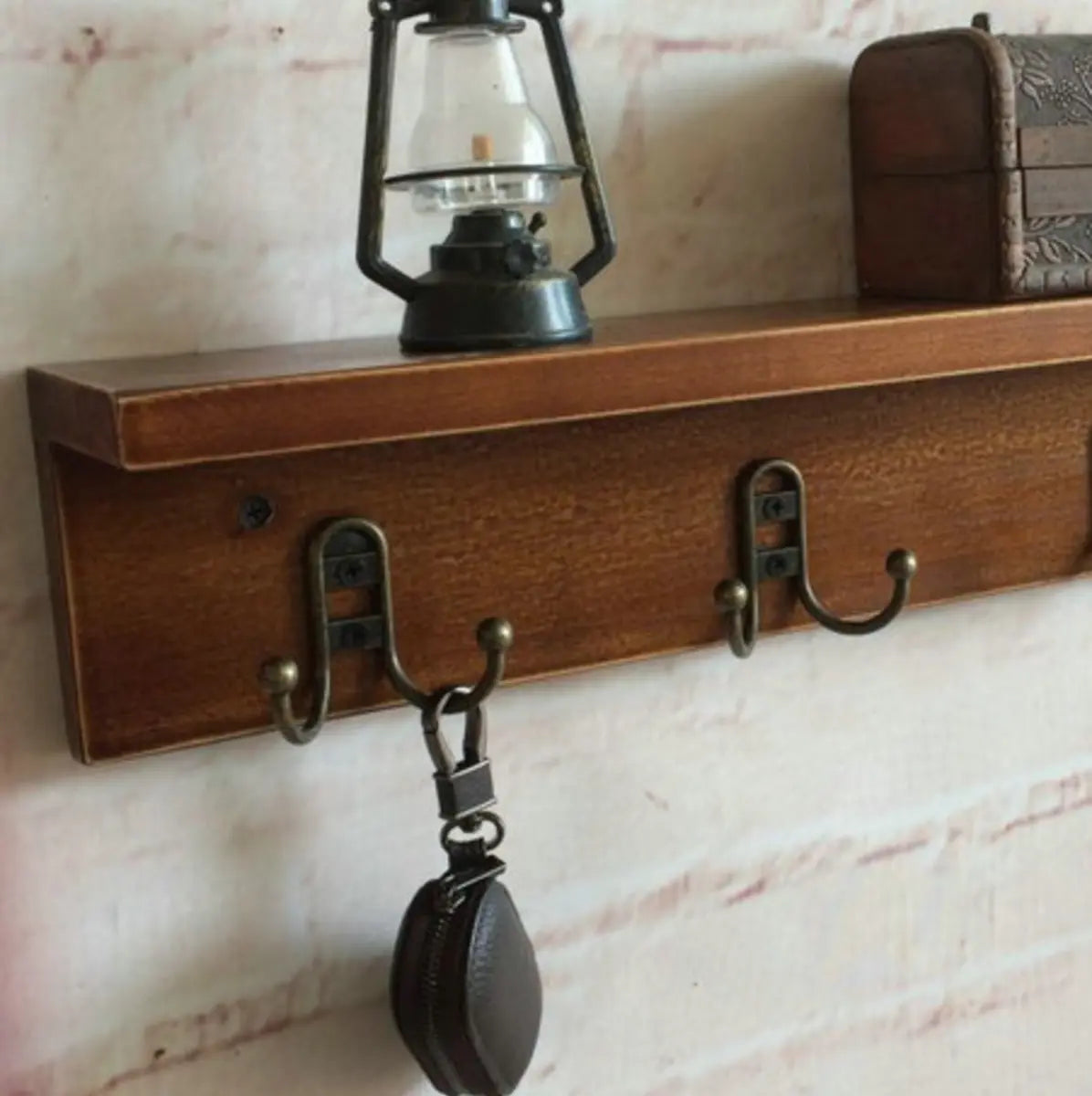 Rectangular Wood Brown Floating Mount Hooks Coat Rack Image - 6