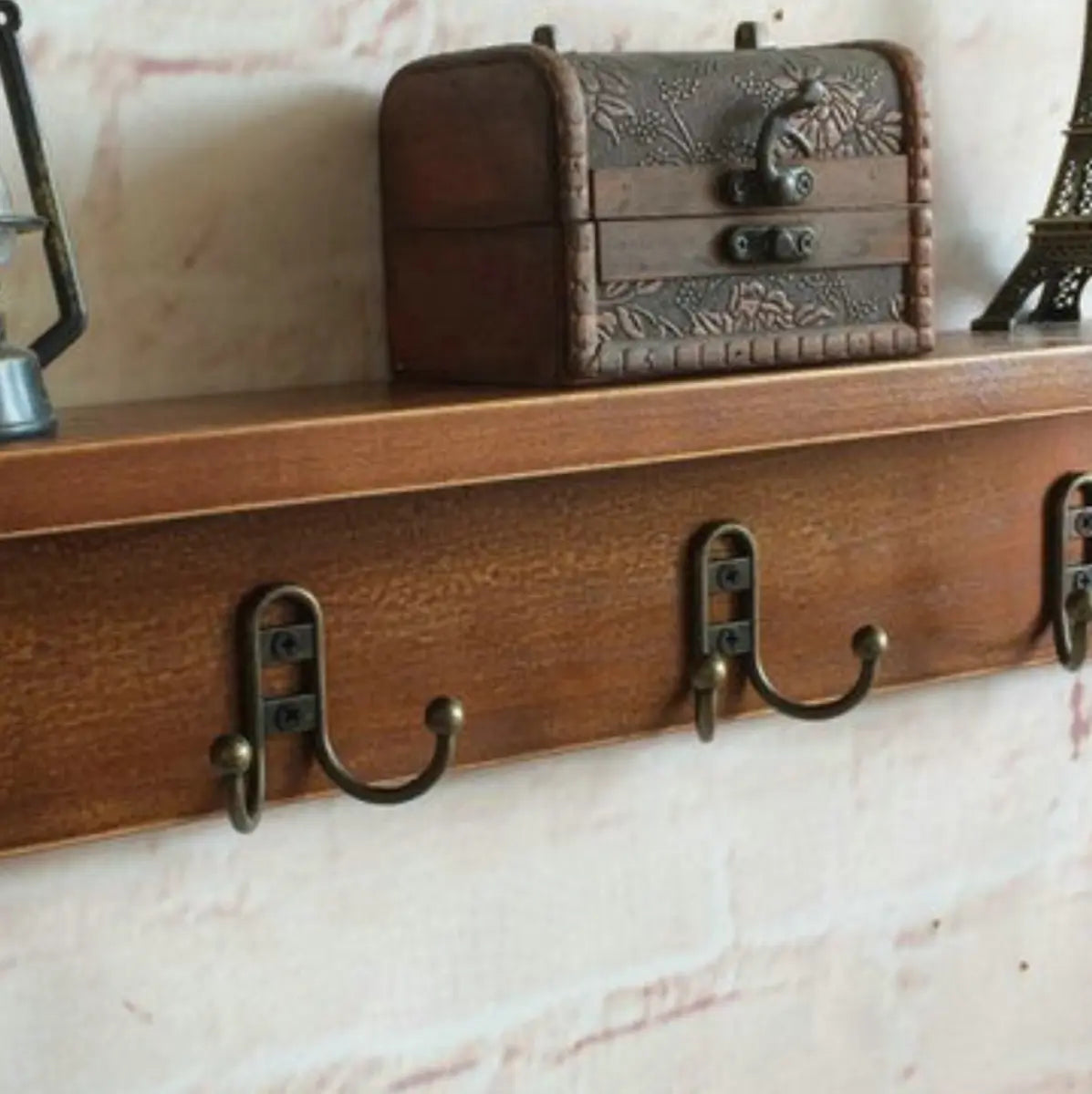 Rectangular Wood Brown Floating Mount Hooks Coat Rack Image - 7