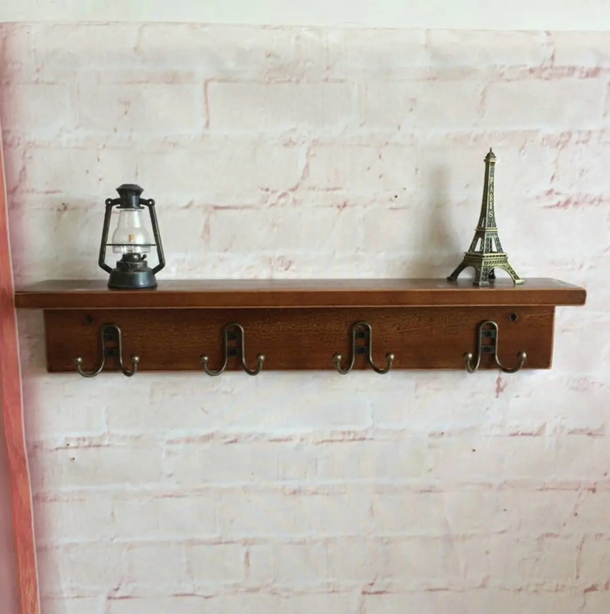 Rectangular Wood Brown Floating Mount Hooks Coat Rack Image - 9